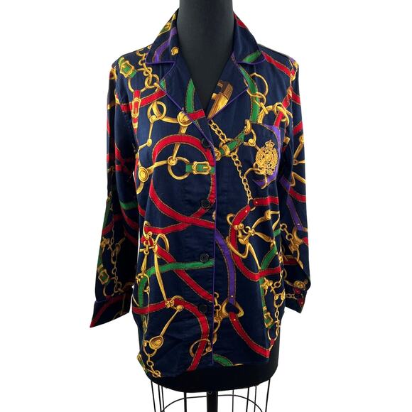 Lauren Ralph Lauren Blue Hawaiian Shirt Cotton Chain Printed Button-Up Medium M - Picture 1 of 7